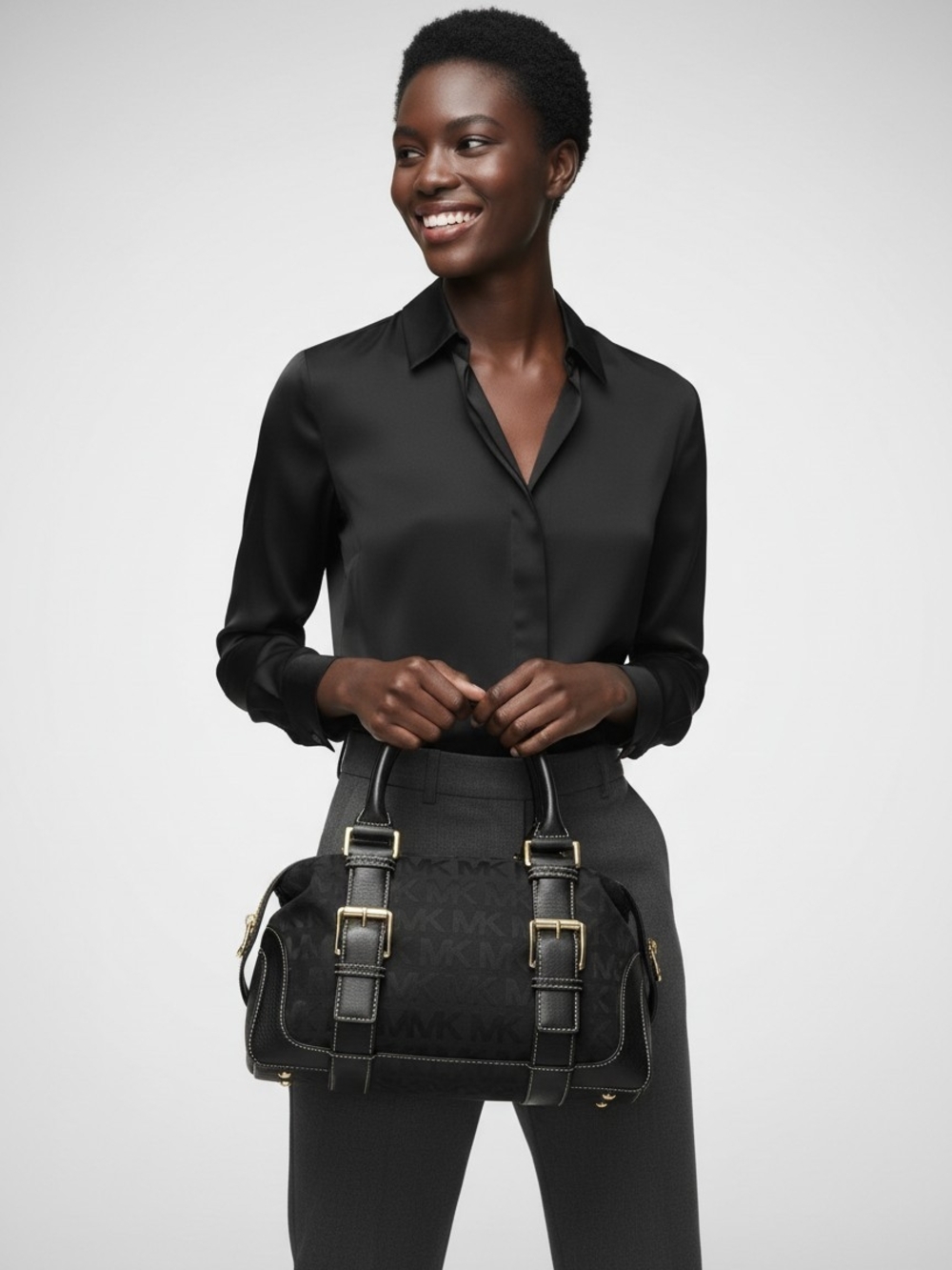 Michael Kors Black Monogram Satchel with Gold Hardware